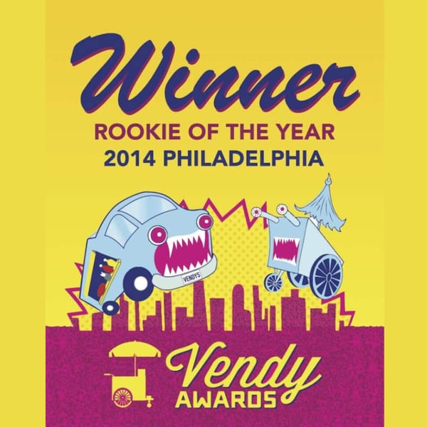 Vendy Awards "Winner Rookie of the Year 2014 Philadelphia" graphic with cartoon food trucks.